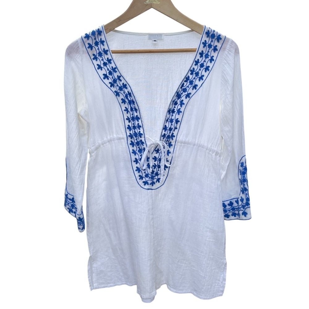 Debbie Katz White & Blue Tunic with Tie‎ Front & Emboridered Cotton M